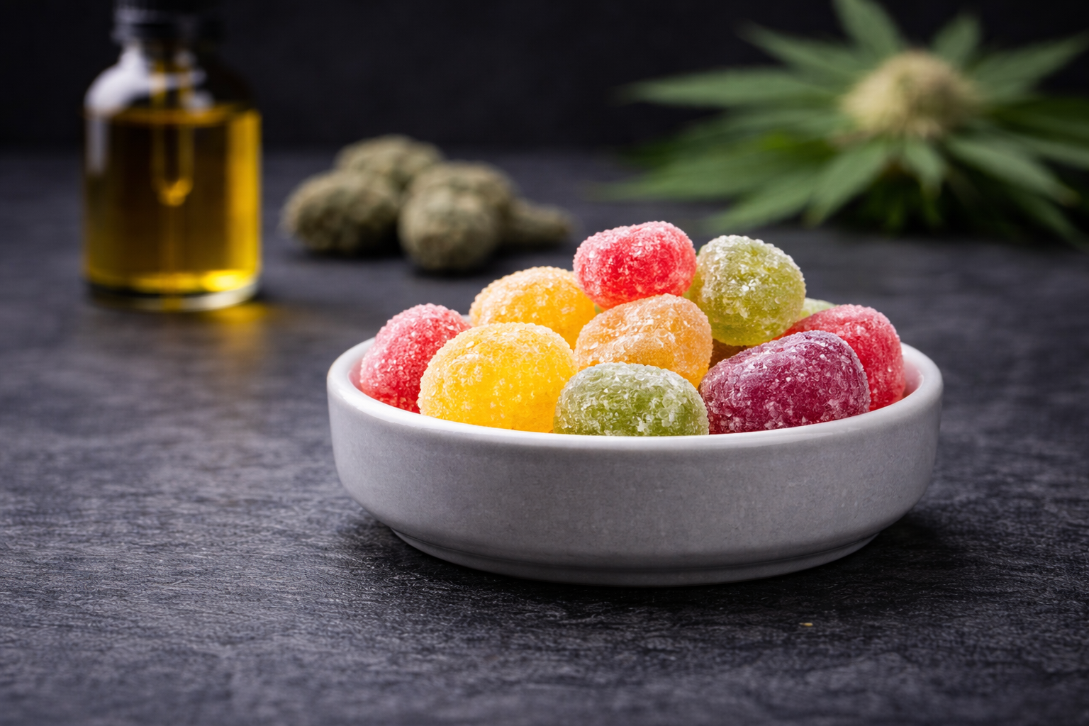 Colourful CBD gummies in a ceramic bowl on a dark background, with CBD oil bottle and hemp plant softly blurred behind.