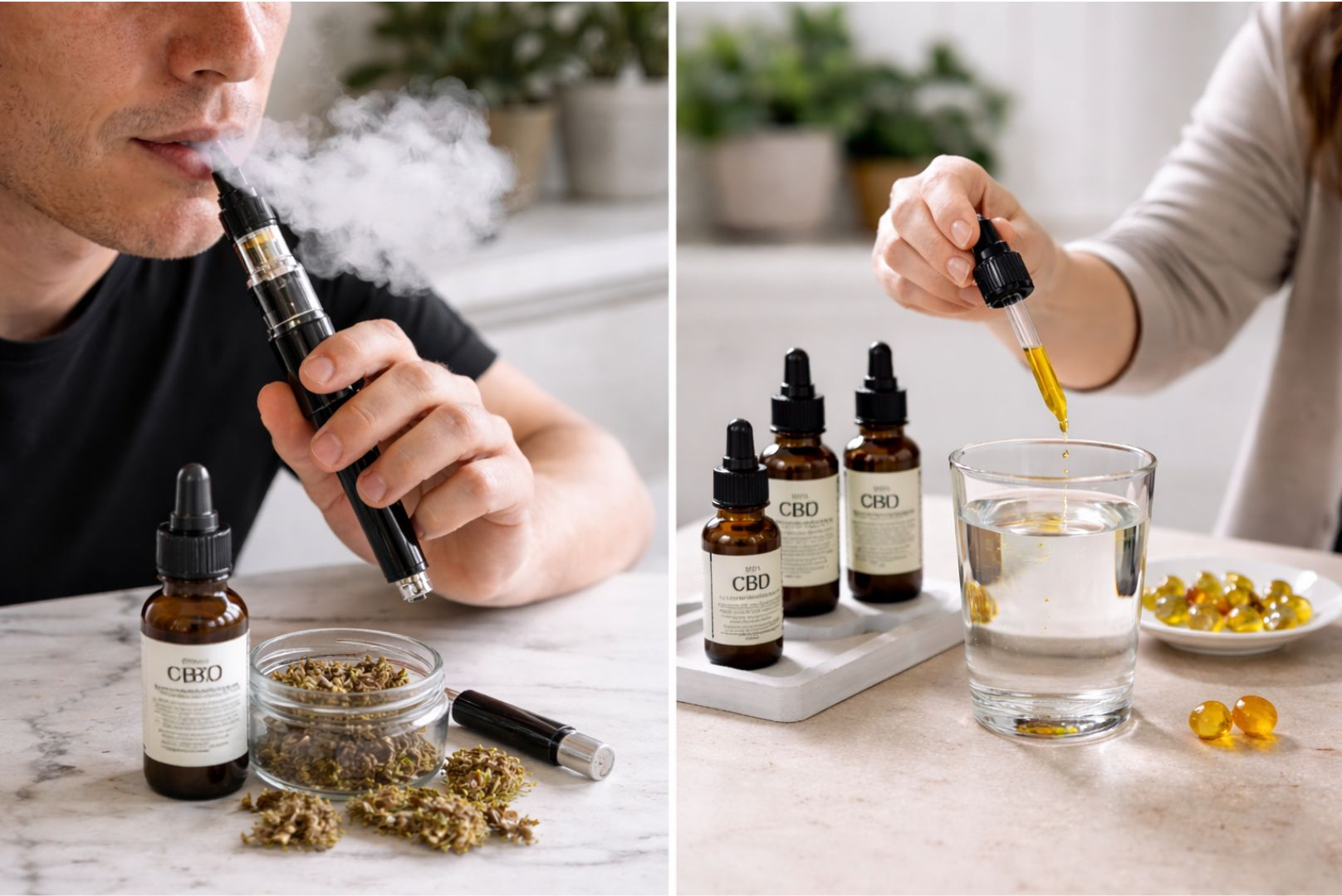 Side by side image showing CBD inhalation via vaping on the left and CBD ingestion using oil and capsules on the right, illustrating two common methods of CBD consumption.