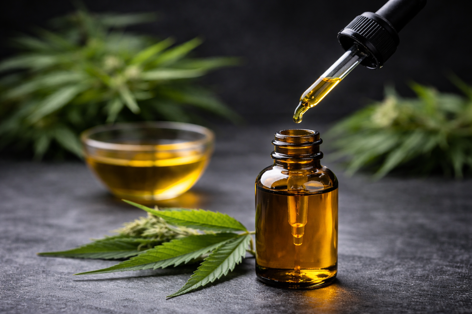 Close-up of CBD hemp flower buds displayed on a dark surface, showing natural texture and plant detail.