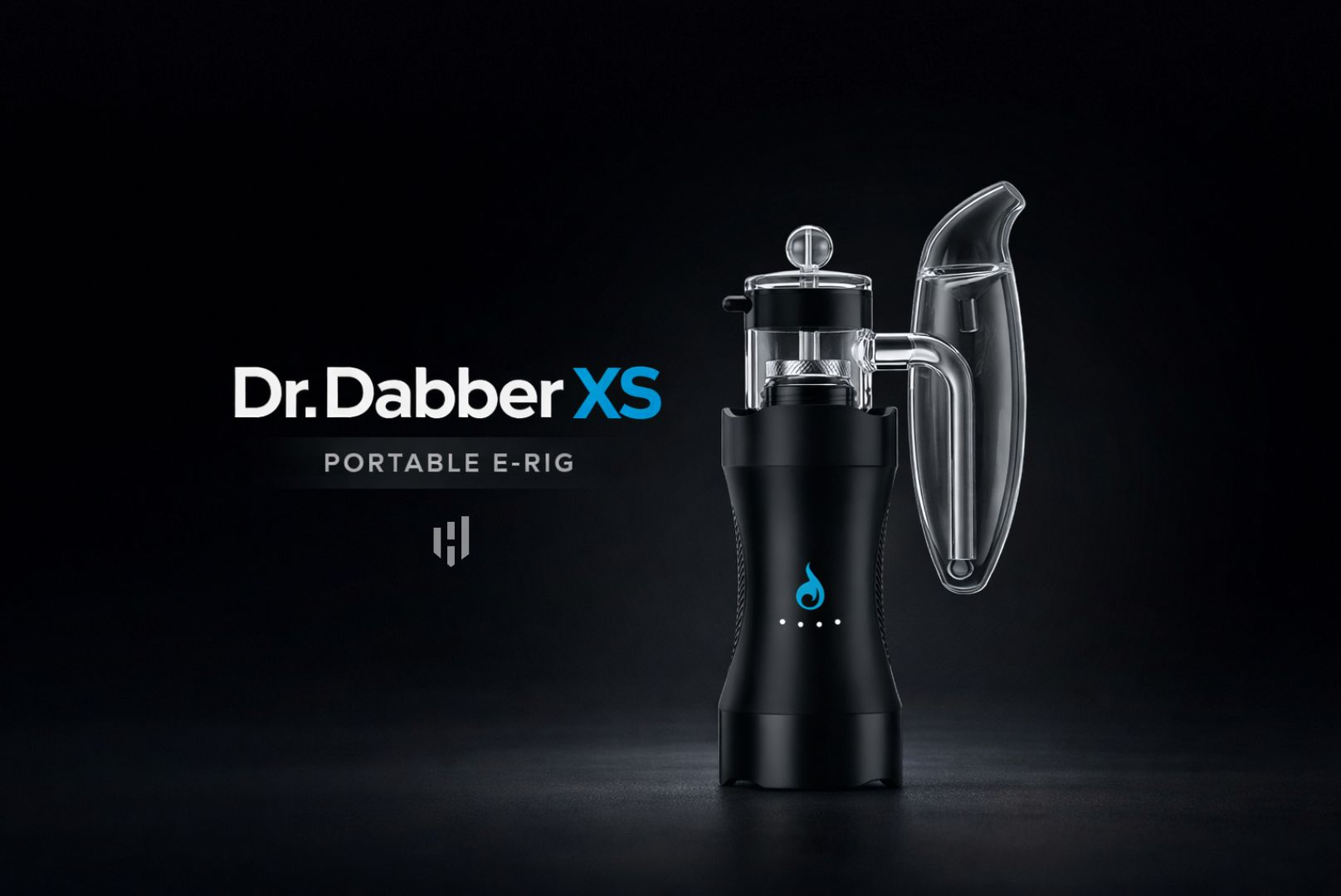 Dr Dabber XS compact portable e-rig featuring a glass water bubbler on a dark background