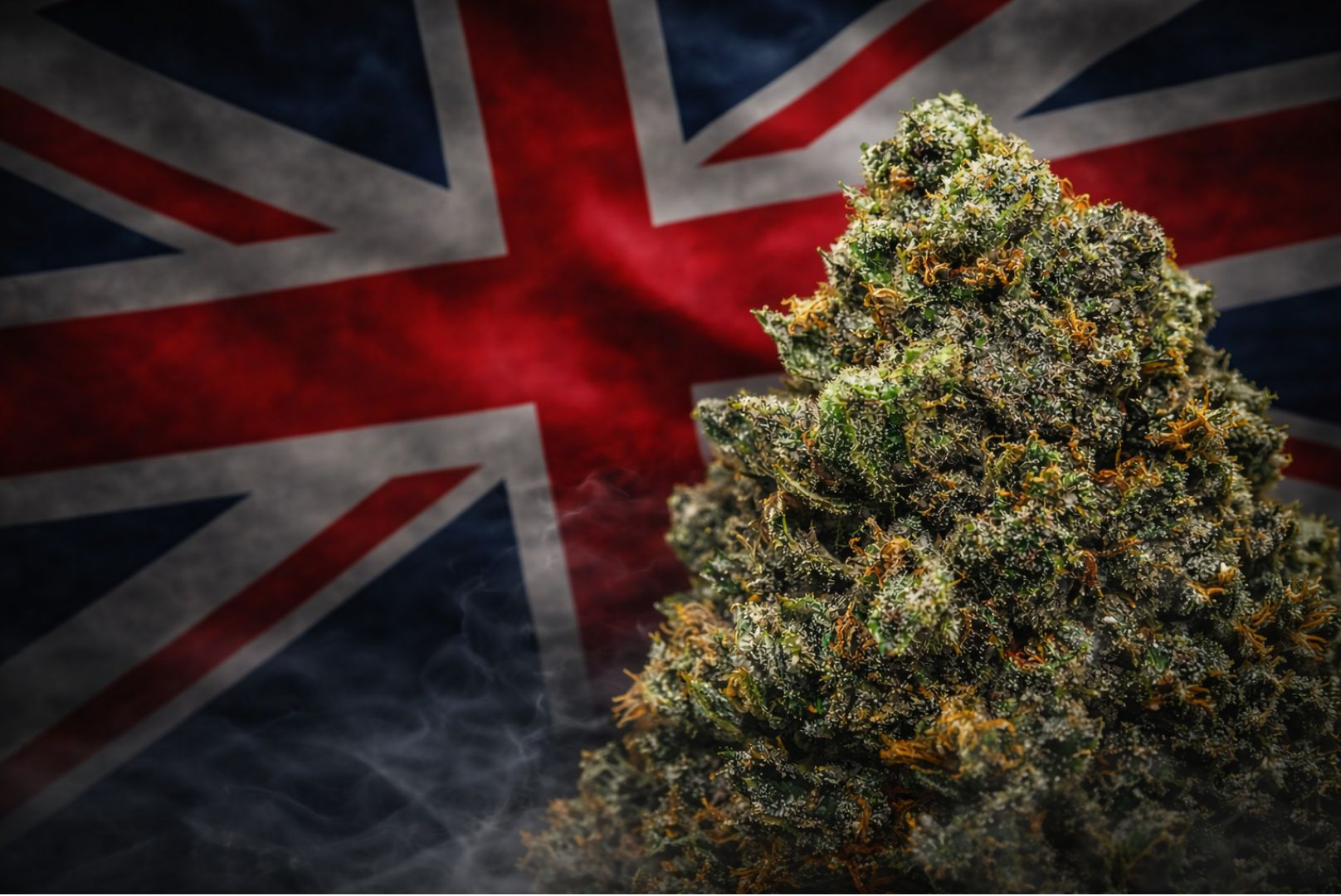 Dense CBD cannabis flower buds with visible trichomes photographed against a dark, moody background, used as a featured image for an article on the legal status of CBD flower in the UK.