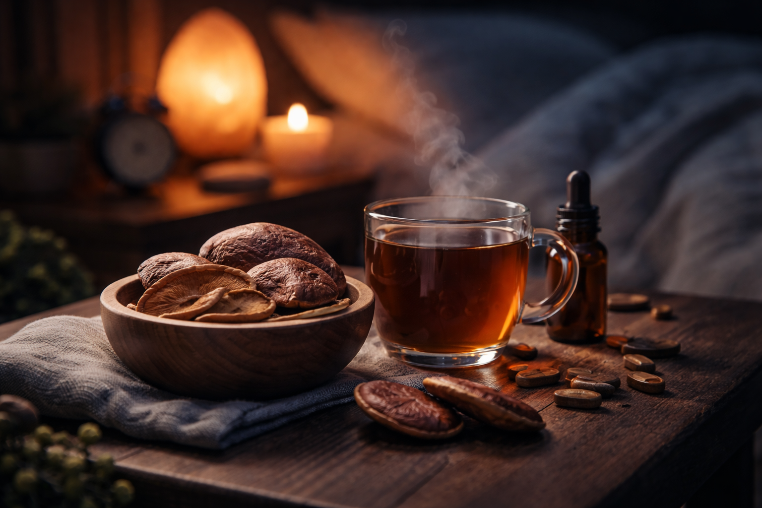 Steaming cup of reishi mushroom tea beside dried reishi slices in a wooden bowl, set in a calm, low light evening scene that evokes deep rest and insomnia relief.