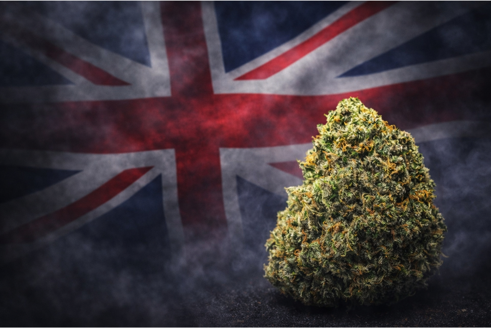 Single CBD cannabis flower bud in front of a darkened UK flag background, representing the Top 10 UK CBD flower vendors.community vote.