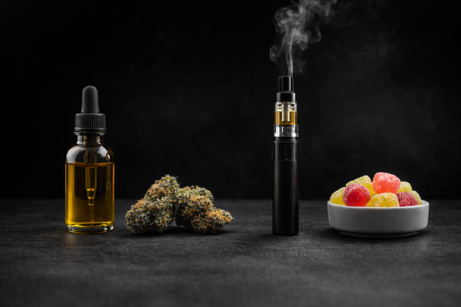 CBD products displayed on a dark background including oil bottle, hemp flower, vape device and CBD gummies.